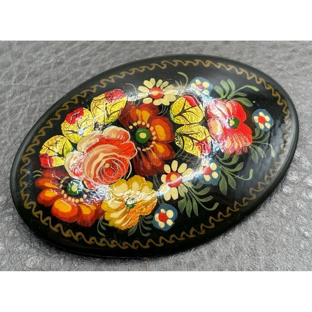 Vintage Floral Daisy Rose Hand Painted Brooch Black Lacquer Gold Foil Tone